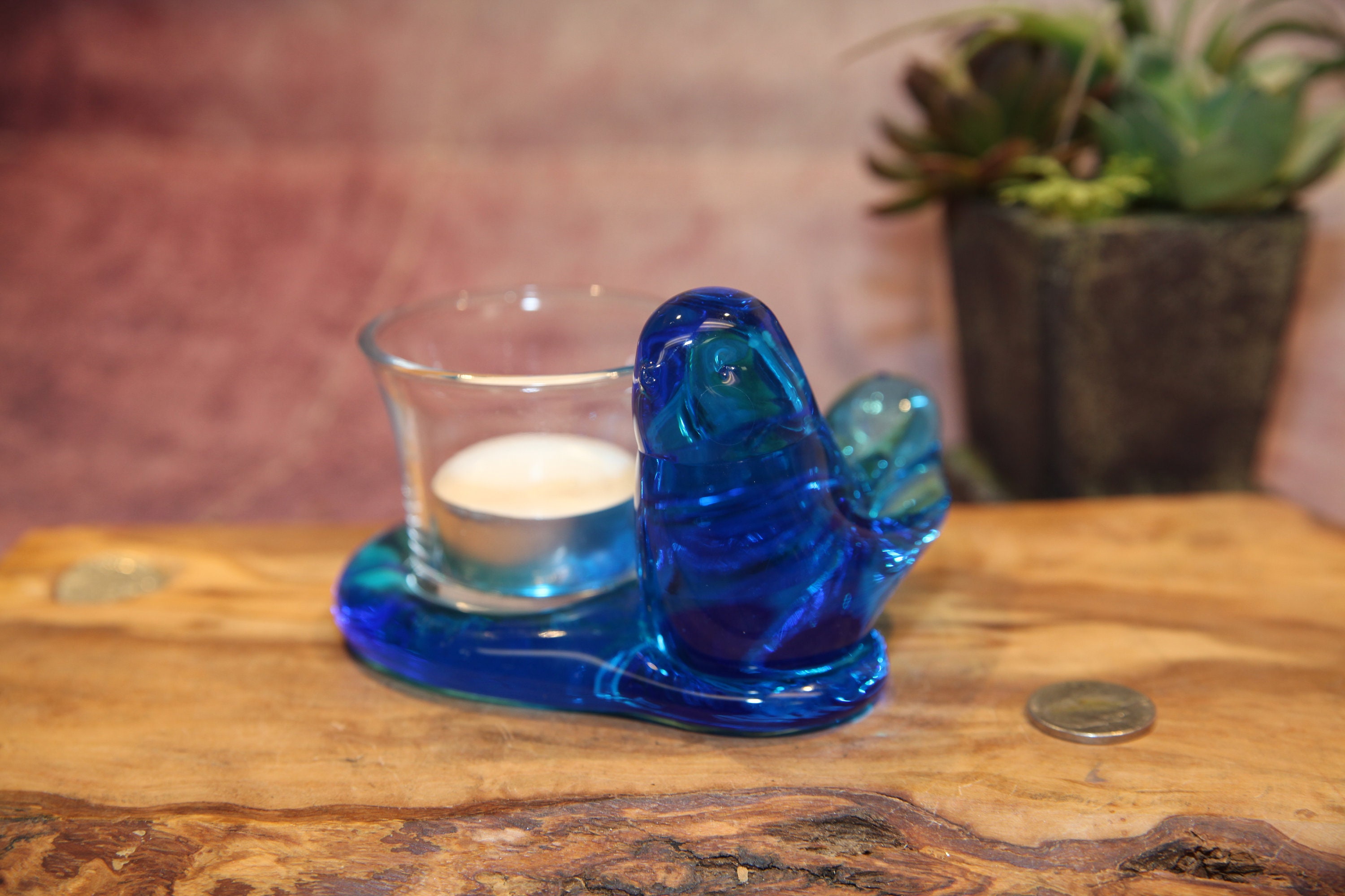 Vintage Blue Bird of Happiness Glass Blue Bird With Candle Holder
