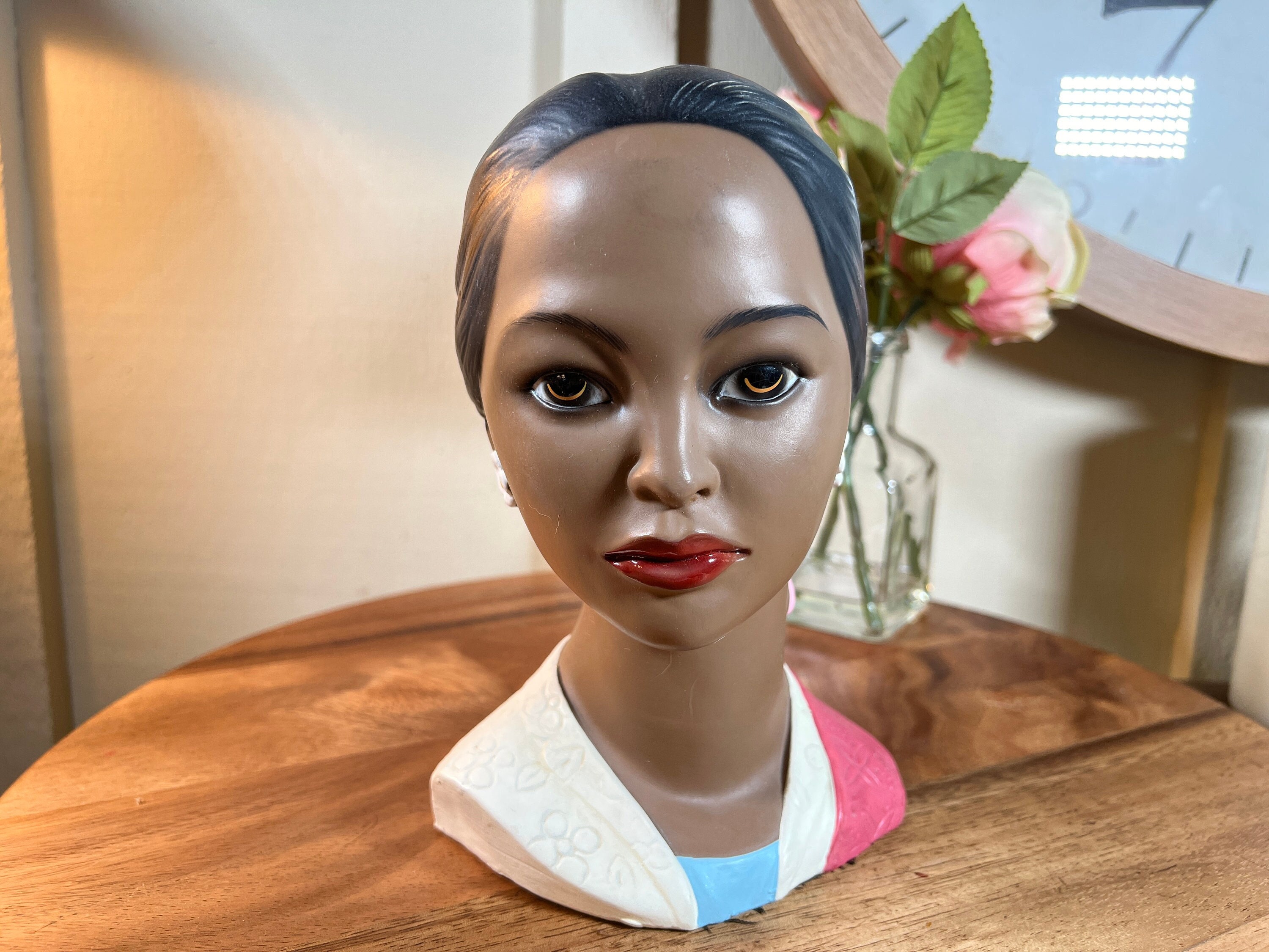Vintage, Lego, Mold, Ceramic Hawaiian Hula Girl, Head Bust, 7", 1960's, Hand Painted,   B4-3-10