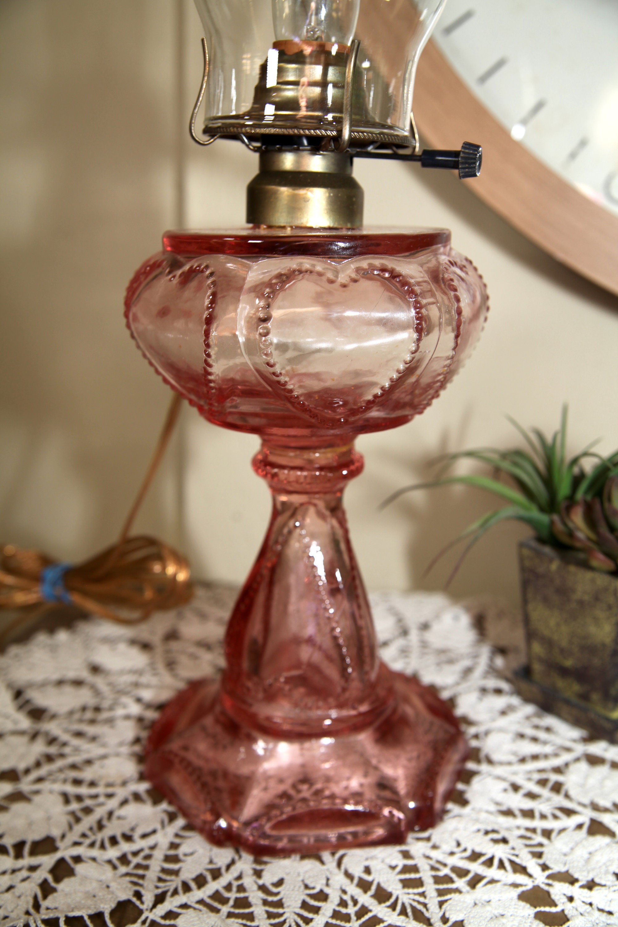 Pink Glass Oil Lamp Beaded Queen Heart vintage Sweetheart Etsy