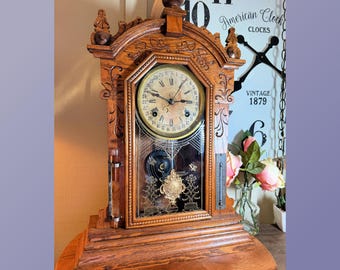 Waterbury Clock Co., Calendar, Gingerbread, Kitchen, Mechanical, 8 Day Clock, Barometer, 22&quot;, 1870s, Antique, WORKS   K8/3