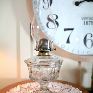 May include: A clear glass oil lamp with a decorative base sits on a white lace doily. The lamp has a round glass chimney and a metal burner. The lamp is in front of a vintage clock with the numbers 7, 8, 9, 10, and 6 visible.