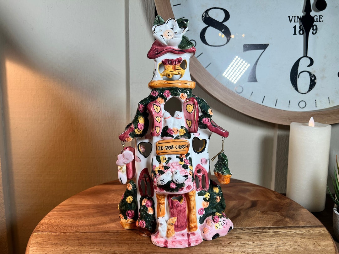 Vintage, Tea Light, Ceramic, Tea House,old Stone Church, by Clay Works