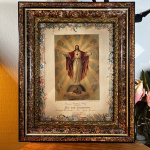 Antique, Ornate, Wood Framed, Picture, JESUS, First Holy Communion, 1916, with Glass, M.H. Williams Cid, 18.5&quot; x 15.&quot;   K11/12