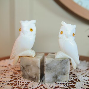 Vintage, Stone, White Owl, Book Ends, Mediun Size, 5&quot;, 1960&#39;s   N15-2-13