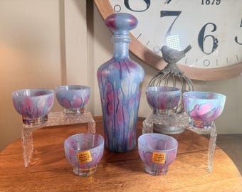 Vintage, Decanter Set, 8 Piece Set, Hand Painted Pastel Colors
