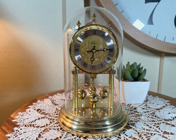 Vintage Montreux Anniversary Clock, Ornate Floral Face, Quartz, Made in Germany, Glass Dome, 9