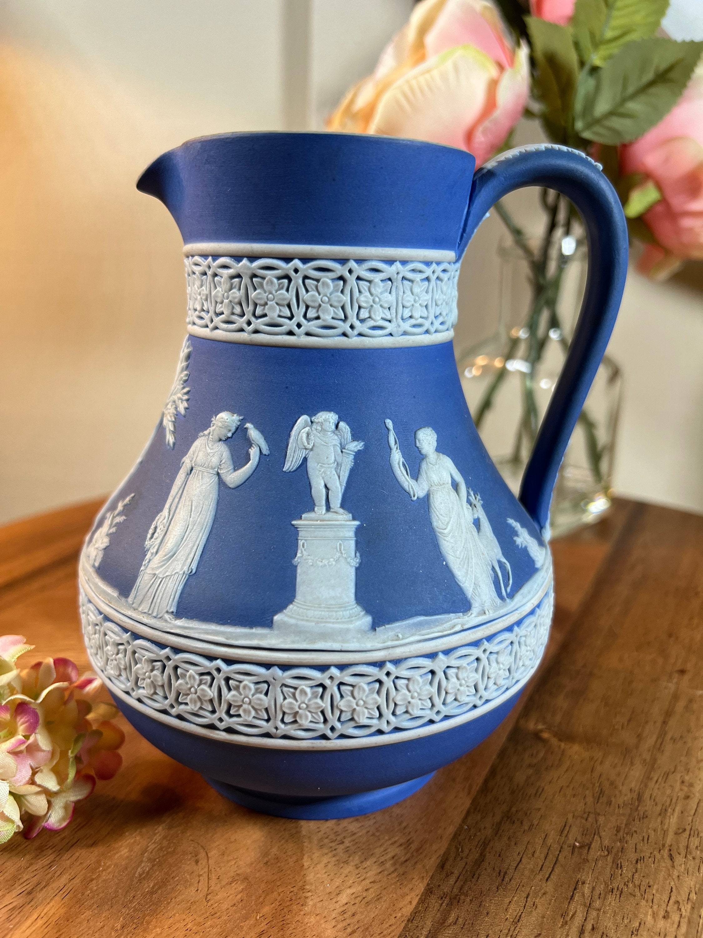 Vintage, Blue and White, Wedgewood, Pitcher, Jasper Ware, Marked
