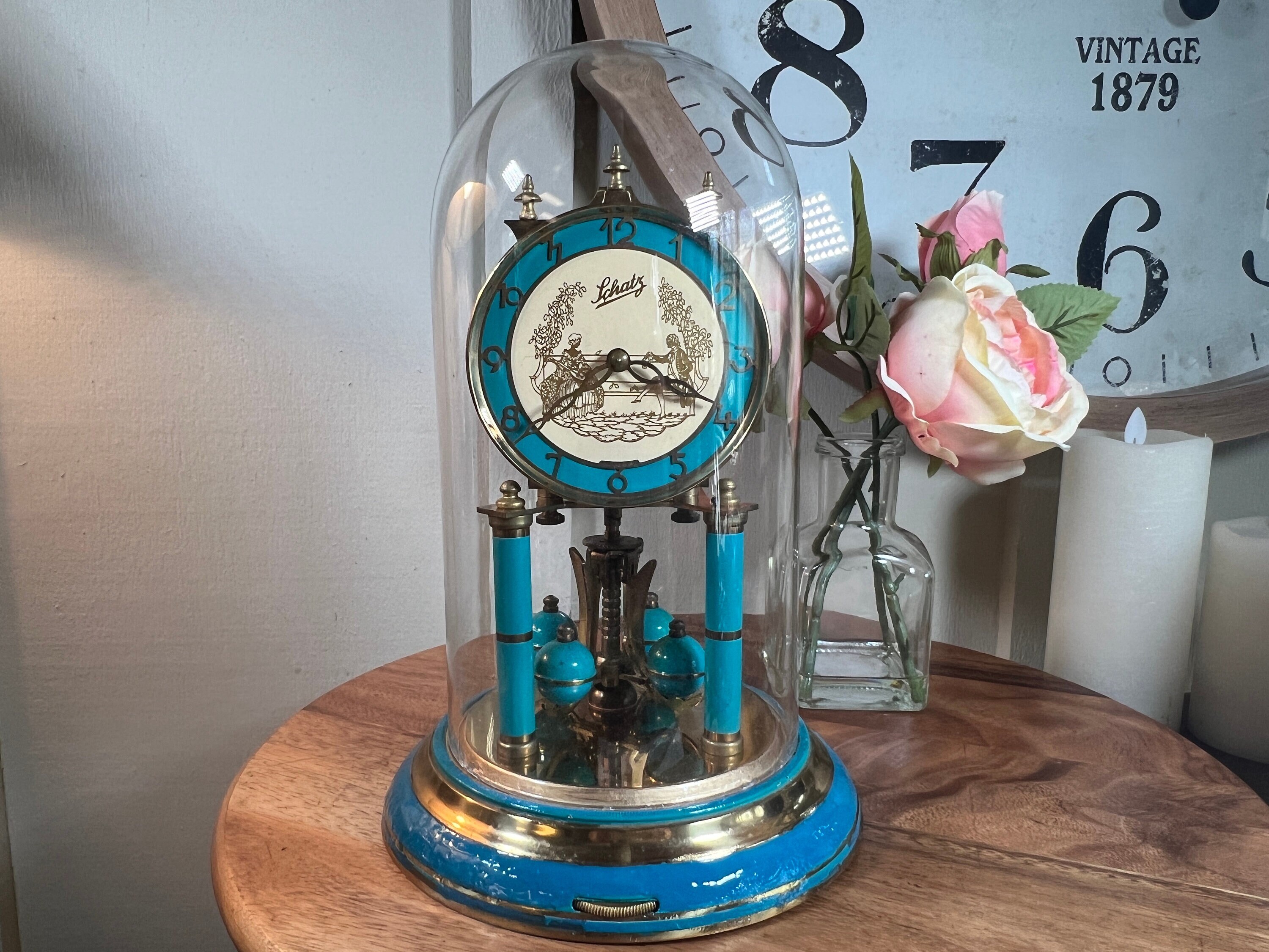 Vintage, Large, Glass Dome, Gold-teal, Schatz, Anniversary Clock