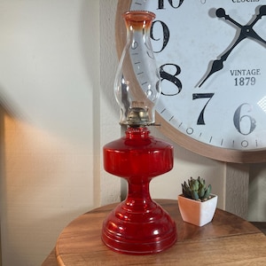 Vintage Red-Cranberry Glass Base, Hurricane, Oil Burning Lamp, With Frosted Red-Cranberry  Shade, 18&quot;, 1960&#39;s   K1/12