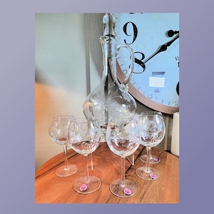 Vintage, Decanter Set, 7 Piece Set, Clear Glass with Etched Floral and Vines, Made in Romania, 14&quot;, 1970&#39;s   K3/10