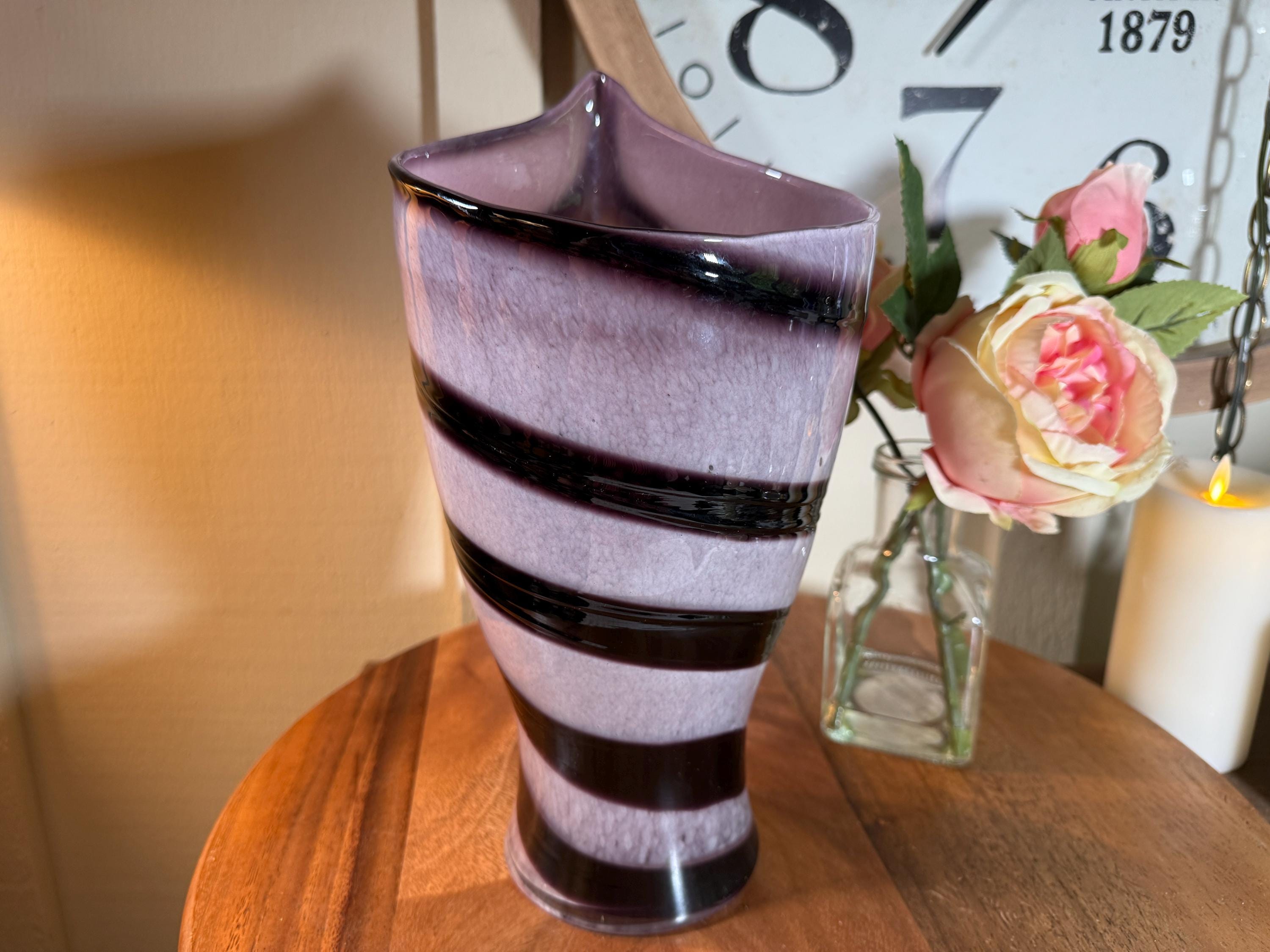 Vintage Large, Murano Glass, Vase, Plum and Purple, Zebra Stripe
