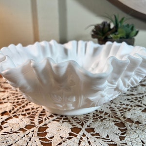 Roses, White imperial, Glass, Matte, Satin, Scalloped Edge, Serving Bowl, Candy Dish, 9 Inch, 1960&#39;s   B64-12-15