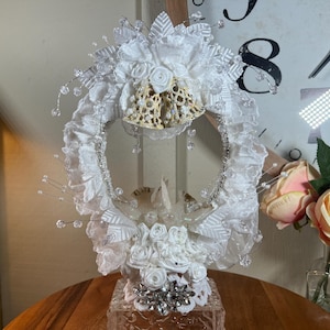 Vintage, Wedding Cake Topper, "Wedding Doves", Wedding bells, Rhinestones, Pearls, Custom Made, 11.5", 1990's  (CT#24) 01-11