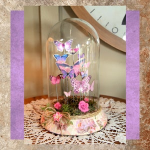 Vintage Handmade Glass Butterfly Dome, Pink & Purple Butterfly&#39;s, Faux Butterfly&#39;s, 9&quot; (#13) Basm.
