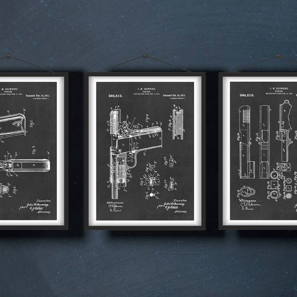 Gun Patent Prints | Pistol Patent Print | 1911 Pistol Design - Weapon - Firearm Instant Digital Download | Gift for Him | Set of 3