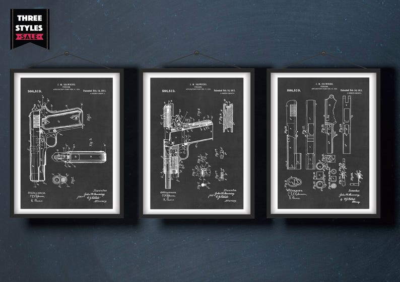 Gun Patent Prints Pistol Patent Print 1911 Pistol Design Weapon Firearm Instant Digital Download Gift for Him Set of 3 image 1