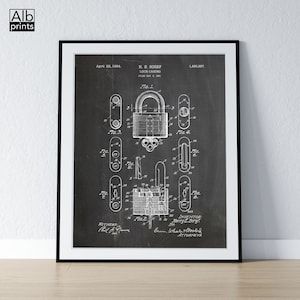Slotbehuizing patent afdrukbaar, blauwdruk hangslot, slotenmaker cadeau, kunst aan de muur kantoor, vintage hangslotposter - DIGITALE DOWNLOAD -