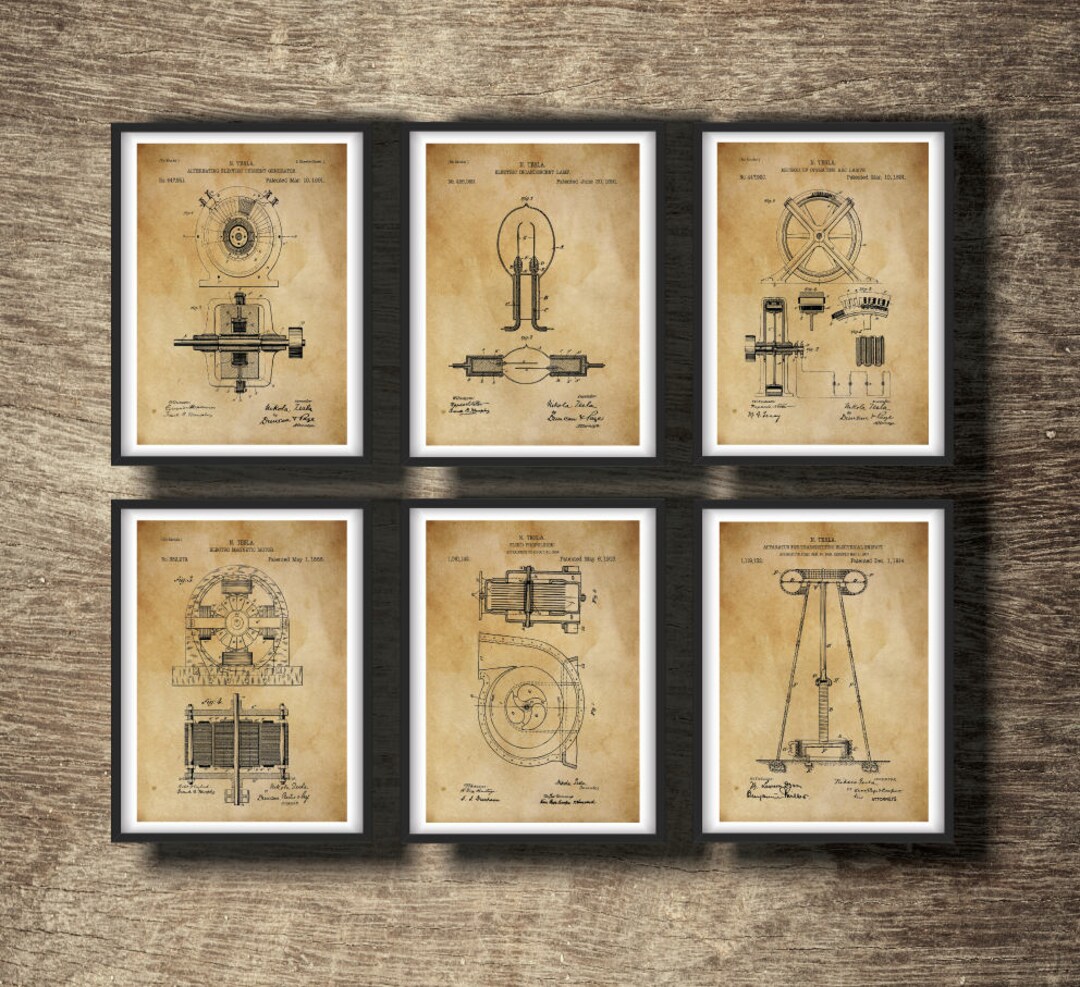 Tesla Print Set of 6 Inventions, Tesla Blueprint, Tesla Art Decor ...