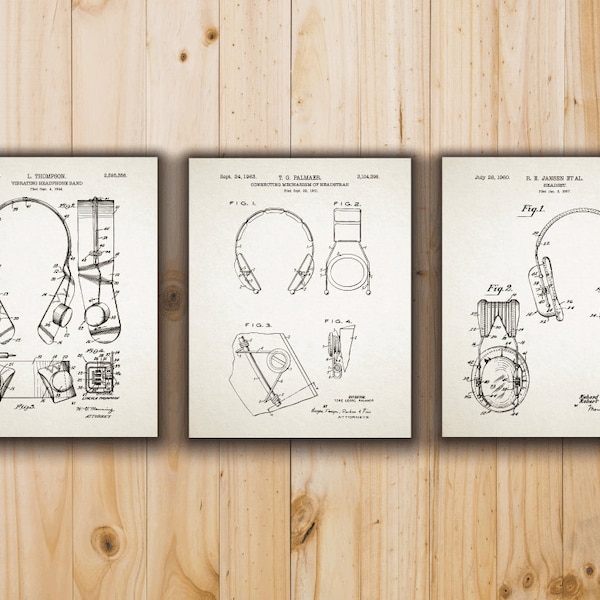 DJ Gift Idea, Headphone Poster, Headphone Patent, Music Printable Decor, DJ Art, Set of 3 Patent Prints  - Instant Download -