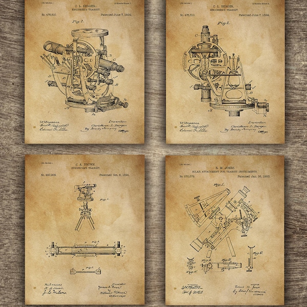 Vintage Surveyors, Transit Poster, Surveyor Gift, Transit Patent, Surveyor Poster, Surveyor Art, Surveyors Transit Set of 4 INSTANT DOWNLOAD