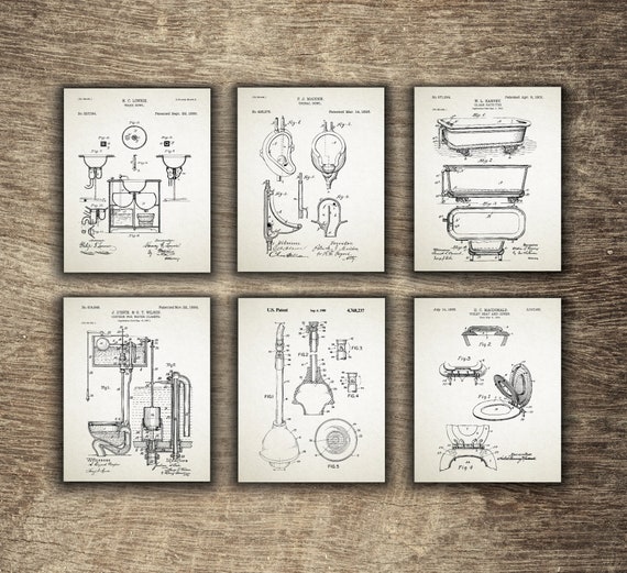 Bathroom Printables Toilet Art Patent Posters Group Of 6 Bathroom Wall Decor Water Closet Toilet Decor Set Of 6 Instant Download