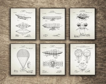 Airship Illustration Set of 6 Prints, Airship Patent, Airship Poster, Airship Wall Decor, Airship Set of 6 Printables, INSTANT DOWNLOAD