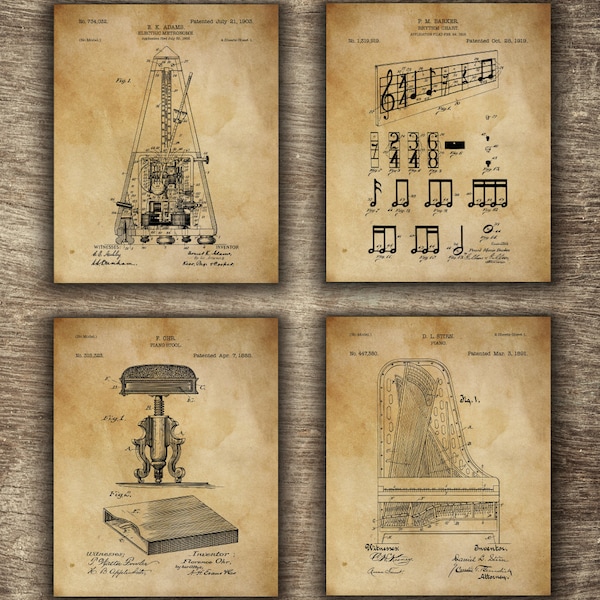 Vintage Music Set of 4 Printables, Vintage Piano Poster, Metronome Poster, Music Wall Decor, Piano Art Set of 4 Designs - INSTANT DOWNLOAD -