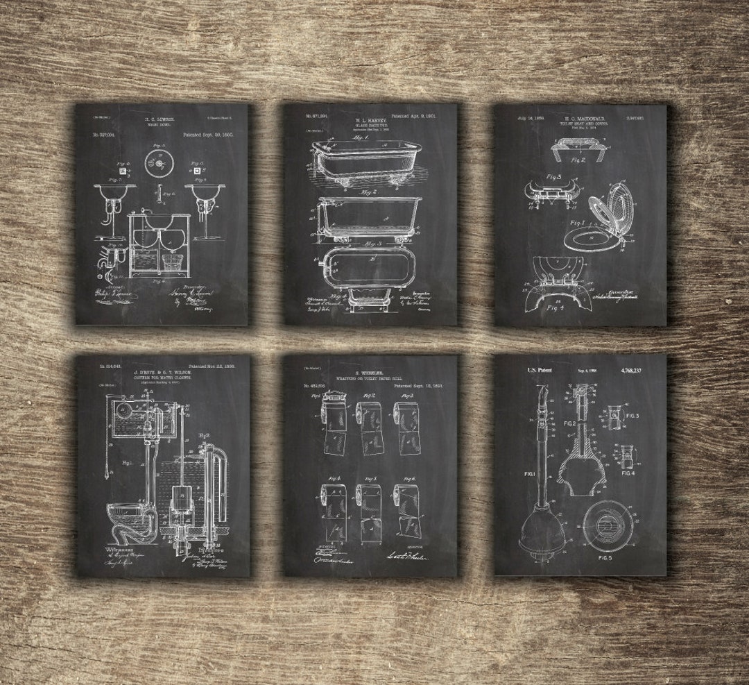 Bathroom Printables, Toilet Art Patent Posters Group of 6, Bathroom ...