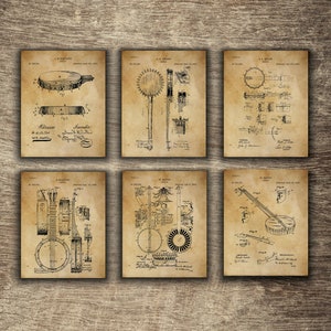 Vintage Banjo Poster, Banjo Set of 6 Printables, Banjo Wall Decor, Banjo Wall Art, Banjo Patent Print Set of 6 - INSTANT DOWNLOAD -