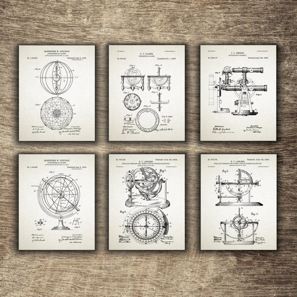 Astronomical Globe, Stellar Compass, Surveyor Transit, Terrestrial Globe, Set of 6 Designs - INSTANT DOWNLOAD -