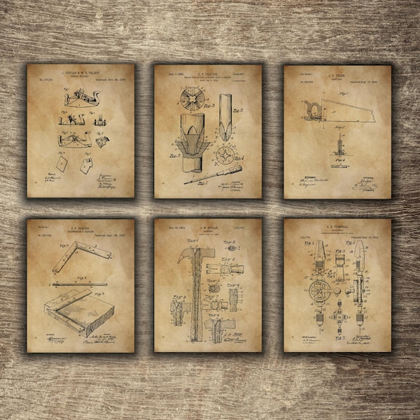 Vintage Holzbearbeitungswerkzeuge Patent Print, Holzbearbeitungs-Geschenkidee für Ihn, Zimmerei-Wand-Dekor, Zimmerei-Set von 6 Drucken, - INSTANT DOWNLOAD