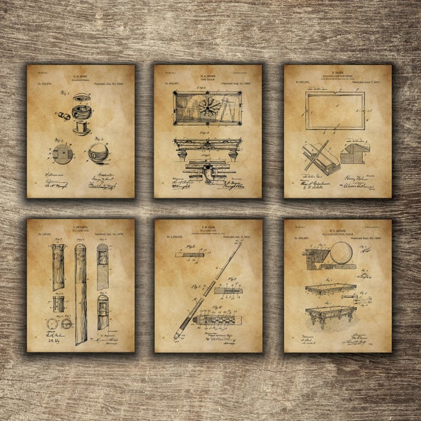 Billard Wanddekor, Billard Patent, Print Set von 6 Postern, Geschenk für Poolspieler, Billard Geschenk Set von 6 Designs - INSTANT DOWNLOAD -