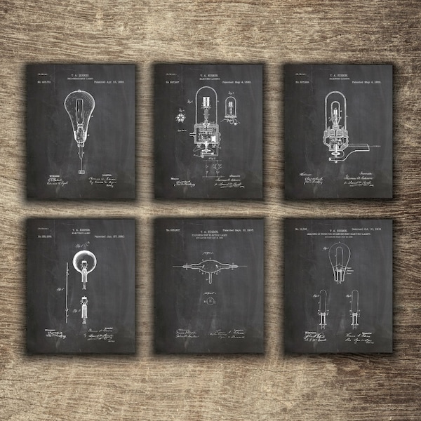 Edison Light Lamp Invention Set of 6 Prints, Light Bulb Print,  Light Bulb Poster, Thomas Edison Light Set of 6 Prints -INSTANT DOWNLOAD -