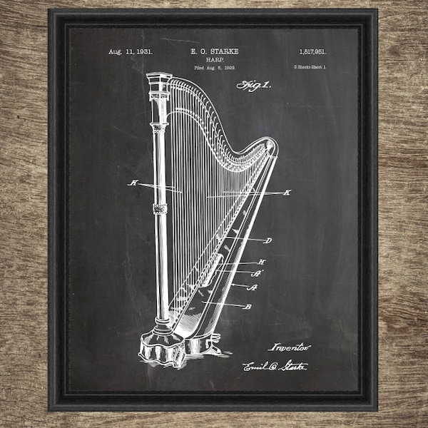 Impresión de patente de arpa, cartel de patente de arpa, instrumento musical de arpa, decoración de pared musical, plano de arpa - DESCARGA DIGITAL -