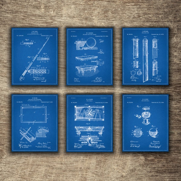 Billiards Blueprint Patent, Blueprint Billiard Print, Blueprint Patent Set of 6 Printables - INSTANT DOWNLOAD -