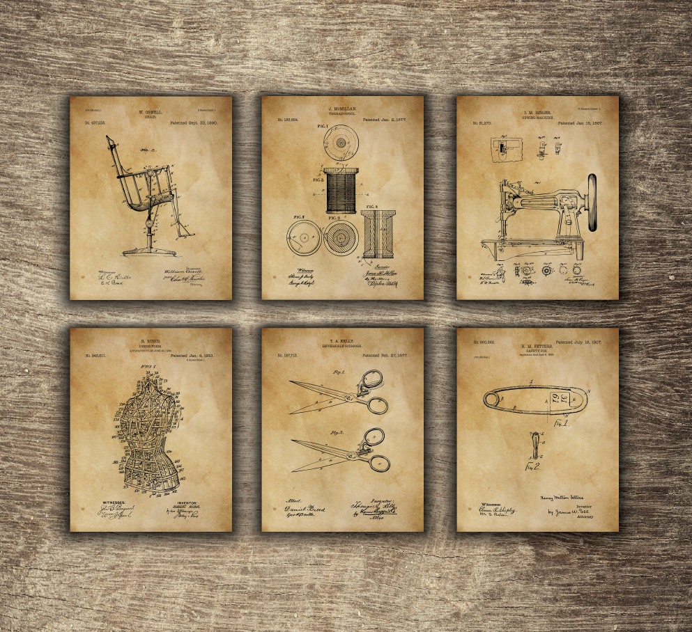 Vintage Sewing Decor, Sewing Machine Poster, Industrial Decor, Vintage Safety Pin, Set of 6 Designs - INSTANT DOWNLOAD -