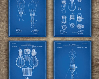 Light Bulb Blueprint, Lamp Invention, Tech Room Decor, Classroom Decor, High school Decor, Light Decor Set of 4 Designs - INSTANT DOWNLOAD -