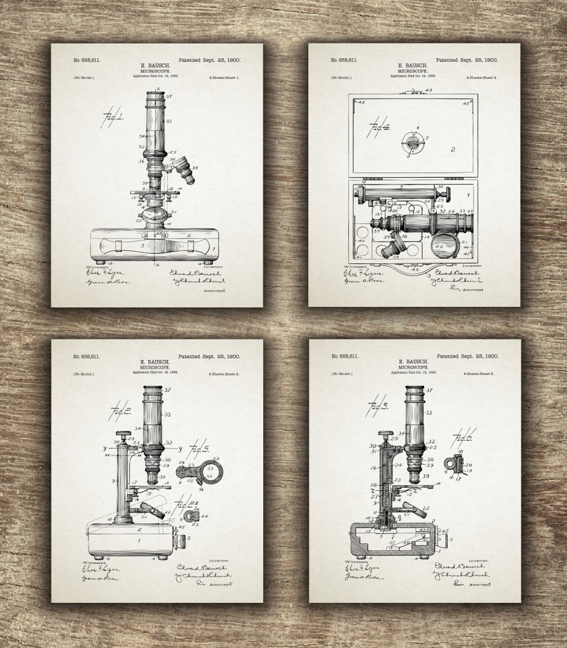 Vintage Science Wall Art Set of 4 Designs Microscope Etsy