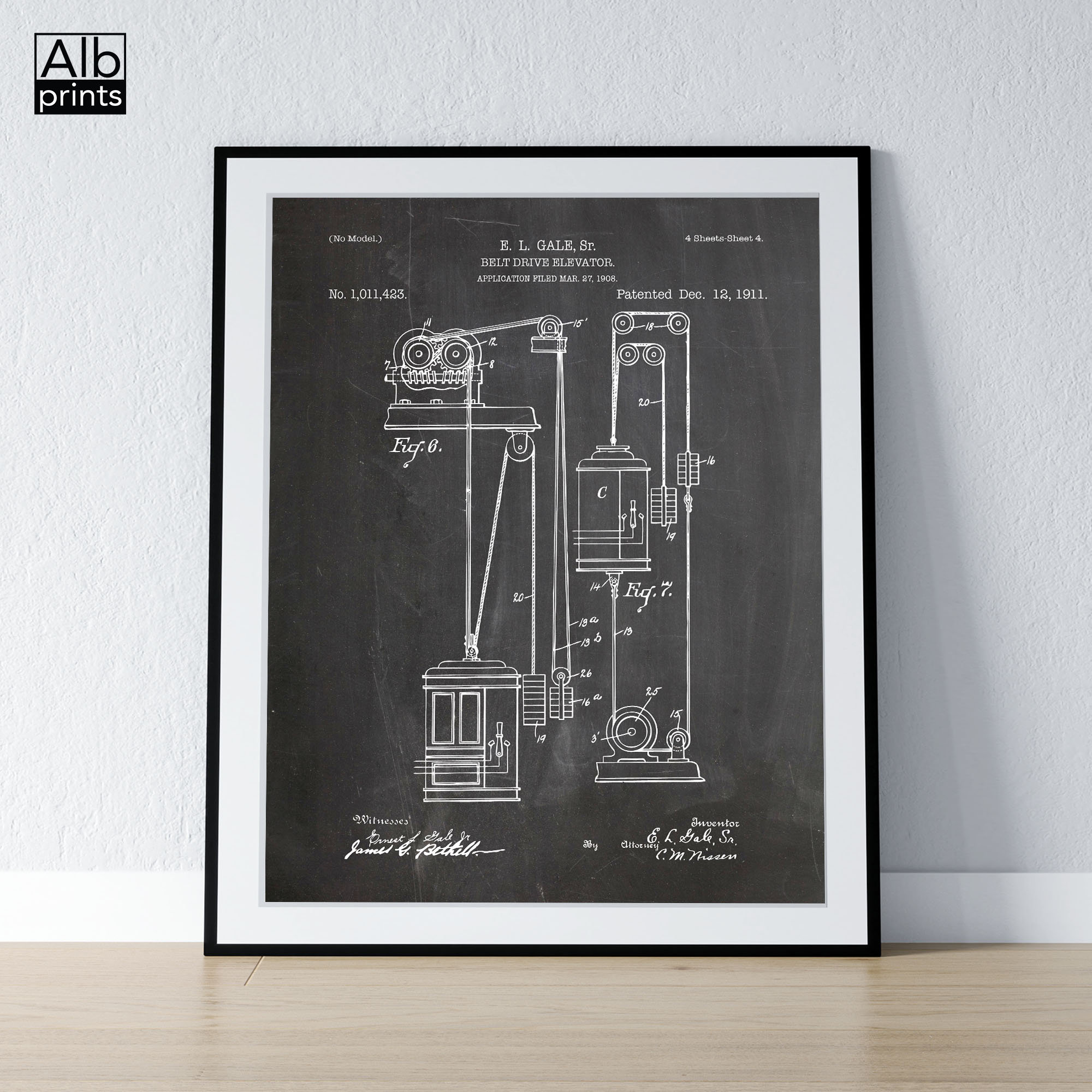 Belt Drive Elevator Set of 4 Patents, Office Wall Decor, Elevator Patent, Mechanical Elevator, Lift Blueprint - DIGITAL DOWNLOAD -