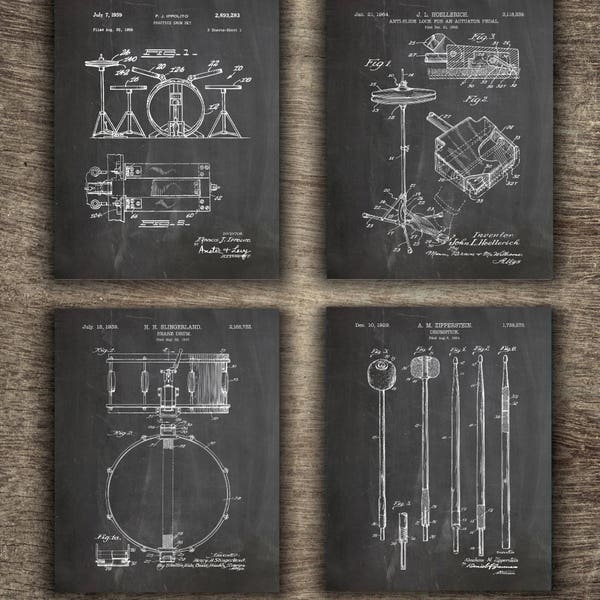 Drum Patent Print Set of 4 Prints | Drummer Gift | Drum Kit of 4 Patents | Drum Wall Decor | Drum Set of 4 Designs INSTANT DOWNLOAD