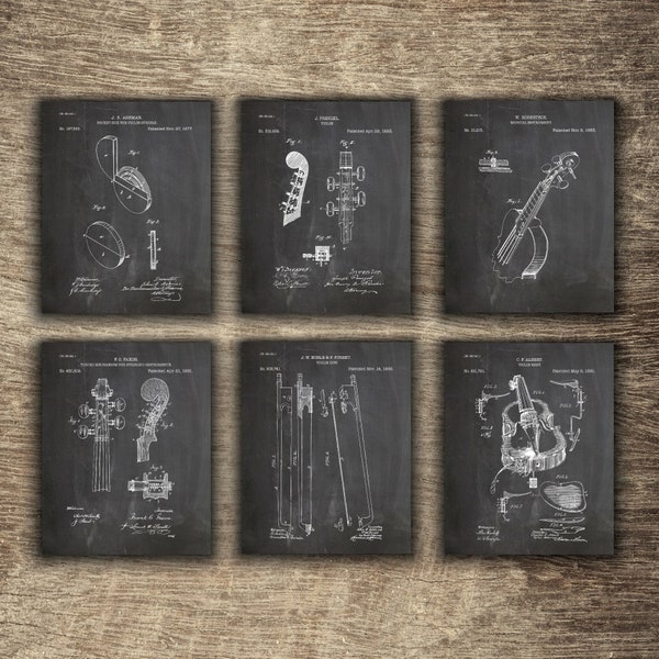 Geige Patent 6er Set Poster, Violine Wanddekor, Musik Wanddekor, Violinbogen, Musik Raum Dekor 6er Set - SOFORTIGER DOWNLOAD