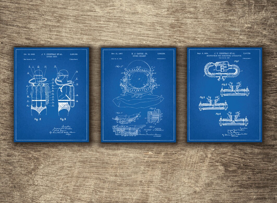 Scuba Diver Set of 3 Designs, Scuba Diving Blueprint, Underwater Blueprint Art, Aquatic Poster Set of 3 Patents - INSTANT DOWNLOAD -