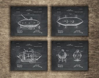 Submarine Set of 4 Patents, Submarine Wall Decor, Submarine Printable, Submarine Poster, Submarine Set of 4 Designs - INSTANT DOWNLOAD -