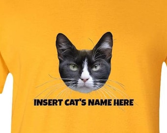 Camiseta personalizada con nombre de gato, camiseta con retrato de mascota y gato, camiseta personalizada para mamá gata, camiseta unisex para amantes de los gatos, camiseta de gato en blanco y negro