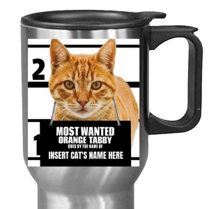 Orange Tabby Personalized Pet Name Travel Mug - Most Wanted Cat Gift Ideas for Cat Lovers - White and Stainless Steel Tumbler
