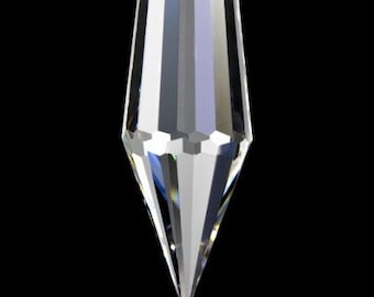 May include: A clear crystal teardrop prism with a faceted design. The prism has a hole at the top for hanging.