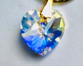 Collar con piedra de nacimiento de cristal Aurora Borealis de 14 mm y corazón de 45 cm