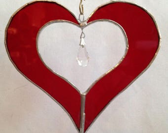 5" Stained Glass Red Heart Sun Catcher w/ Crystal