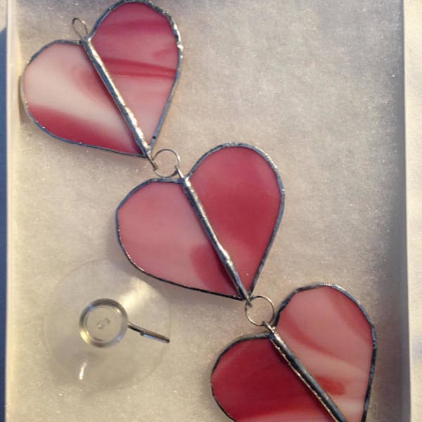 6.5"  Stained Glass Trio of Hanging Pink Hearts