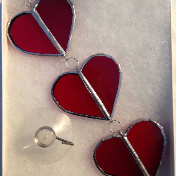 6.5"  Stained Glass Trio of HangIng red Hearts